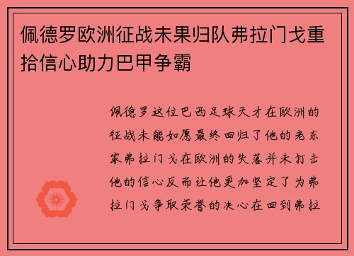 佩德罗欧洲征战未果归队弗拉门戈重拾信心助力巴甲争霸 佩德罗欧洲征战未果归队弗拉门戈重拾信心助力巴甲争霸