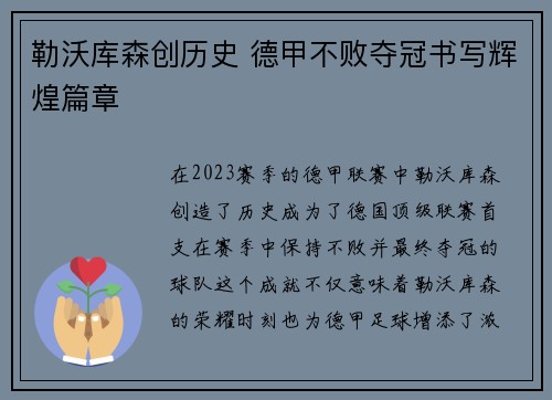 勒沃库森创历史 德甲不败夺冠书写辉煌篇章